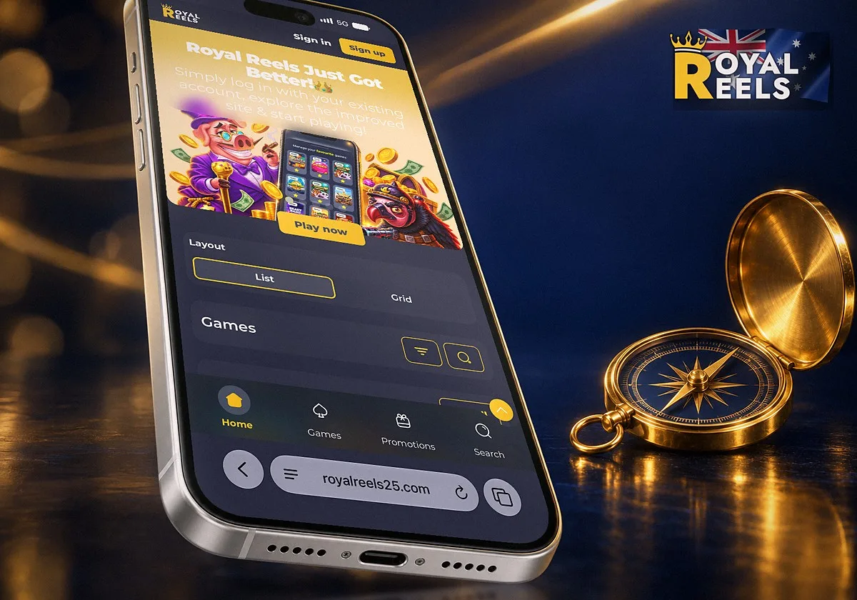 An old Royal Reels address opened in Safari on an iPhone lands on royalreels25.com, with the Royal Reels Just Got Better banner