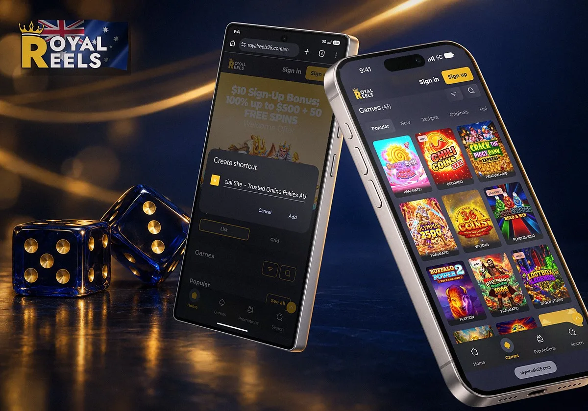 Royal Reels on a Samsung Galaxy with Chrome's Create shortcut dialog for the home screen, and the games lobby in Safari on an iPhone