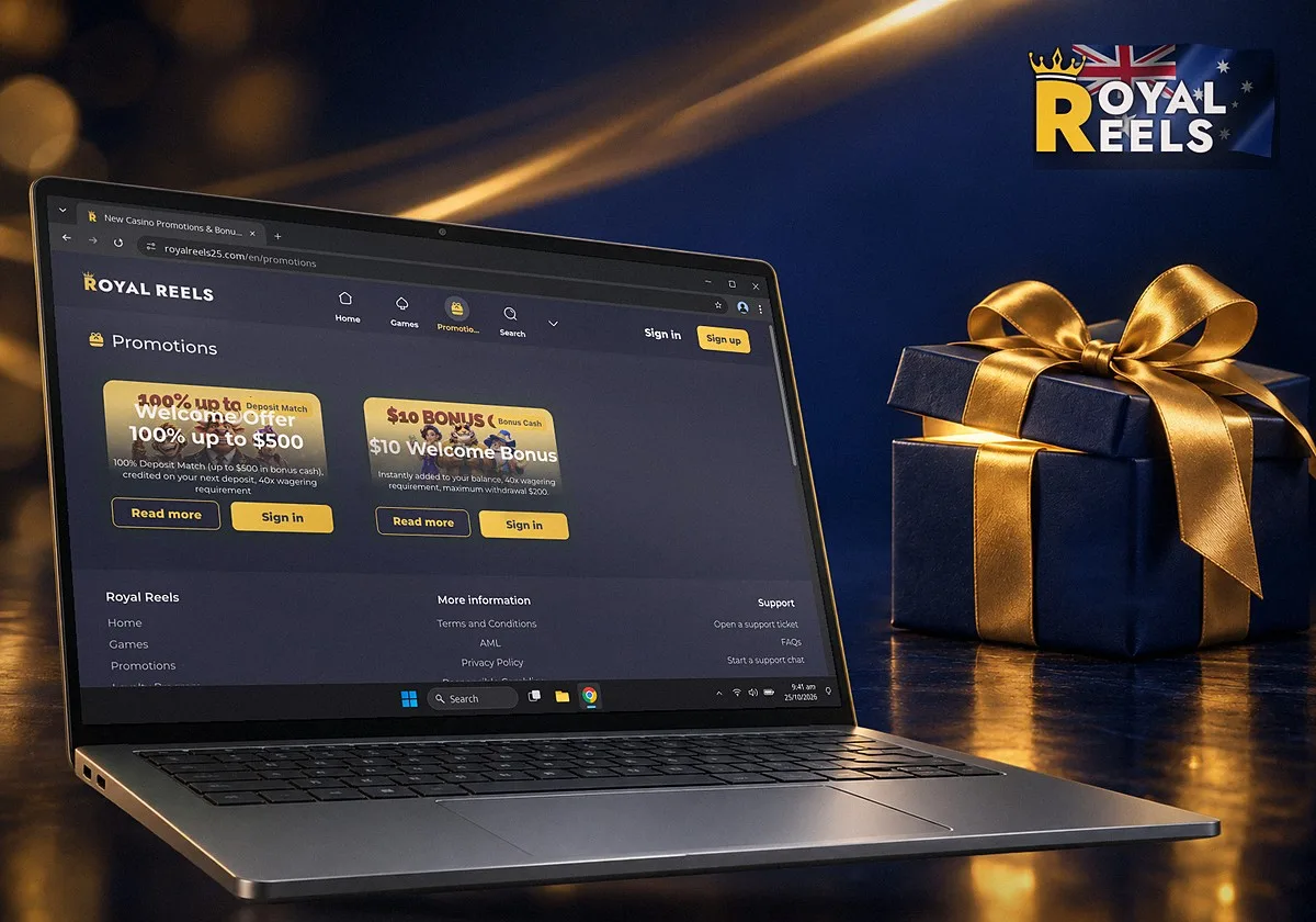 The Royal Reels Promotions page in Chrome on a Windows laptop, with the Welcome Offer 100% up to $500 and the $10 Welcome Bonus