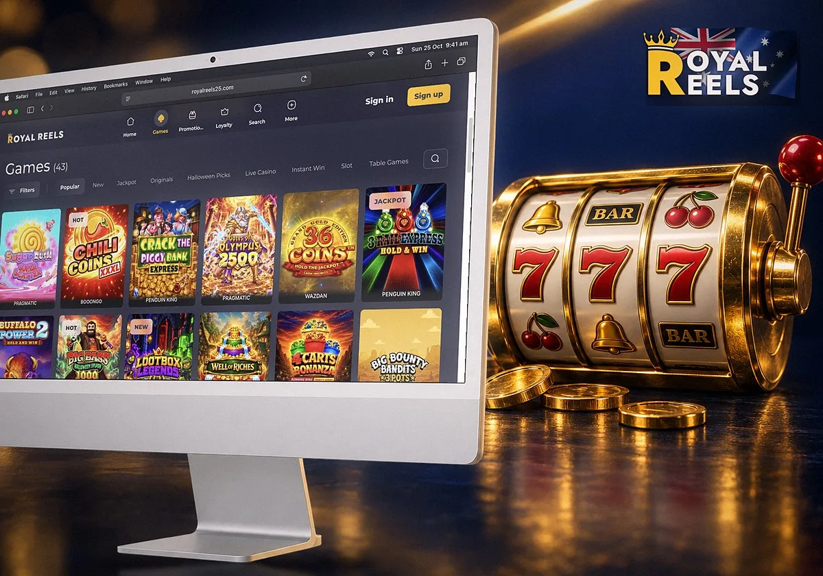 The Royal Reels games lobby with the Popular tab open in Safari on an iMac, next to a gold three-reel slot