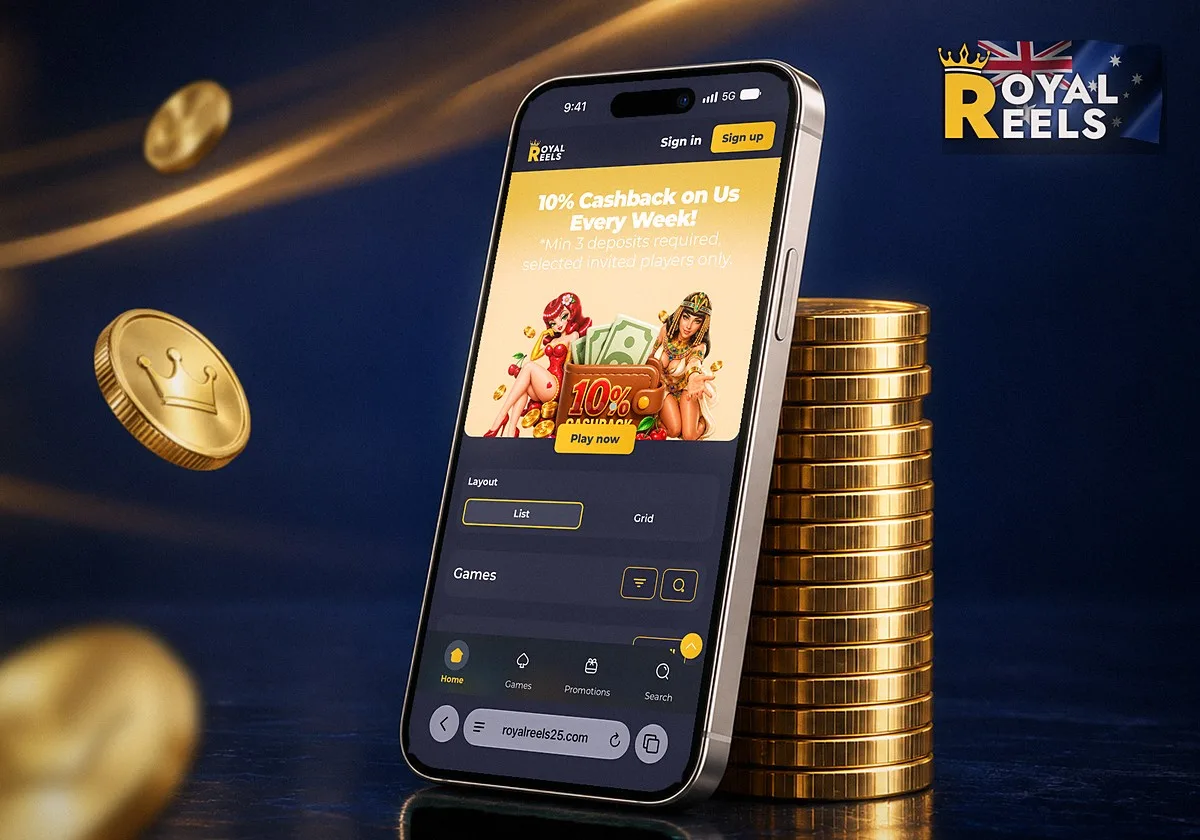 The Royal Reels 10% Cashback on Us Every Week offer in Safari on an iPhone leaning against a stack of gold coins